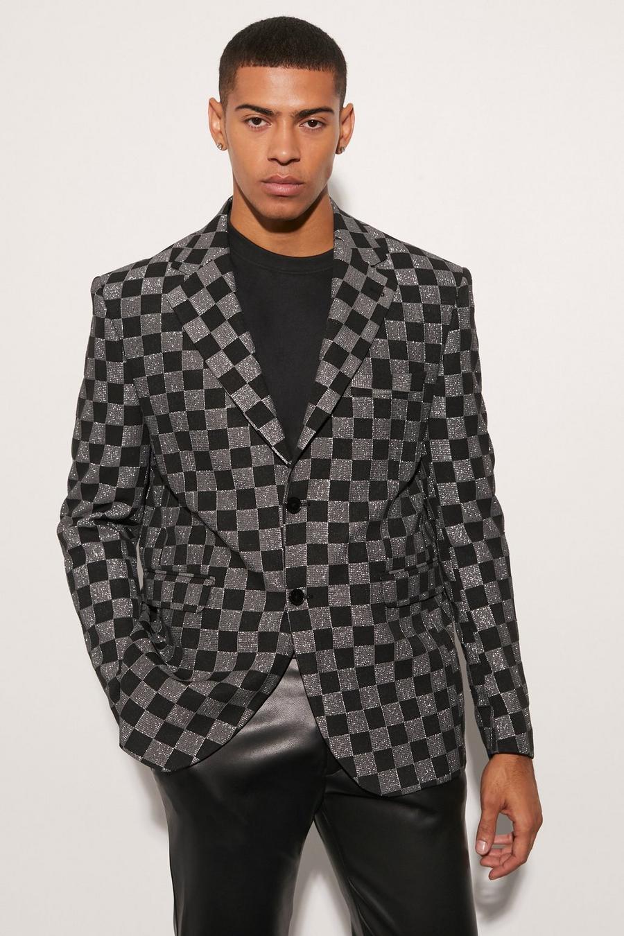 Silver Oversized Boxy Checkerboard Blazer image number 1