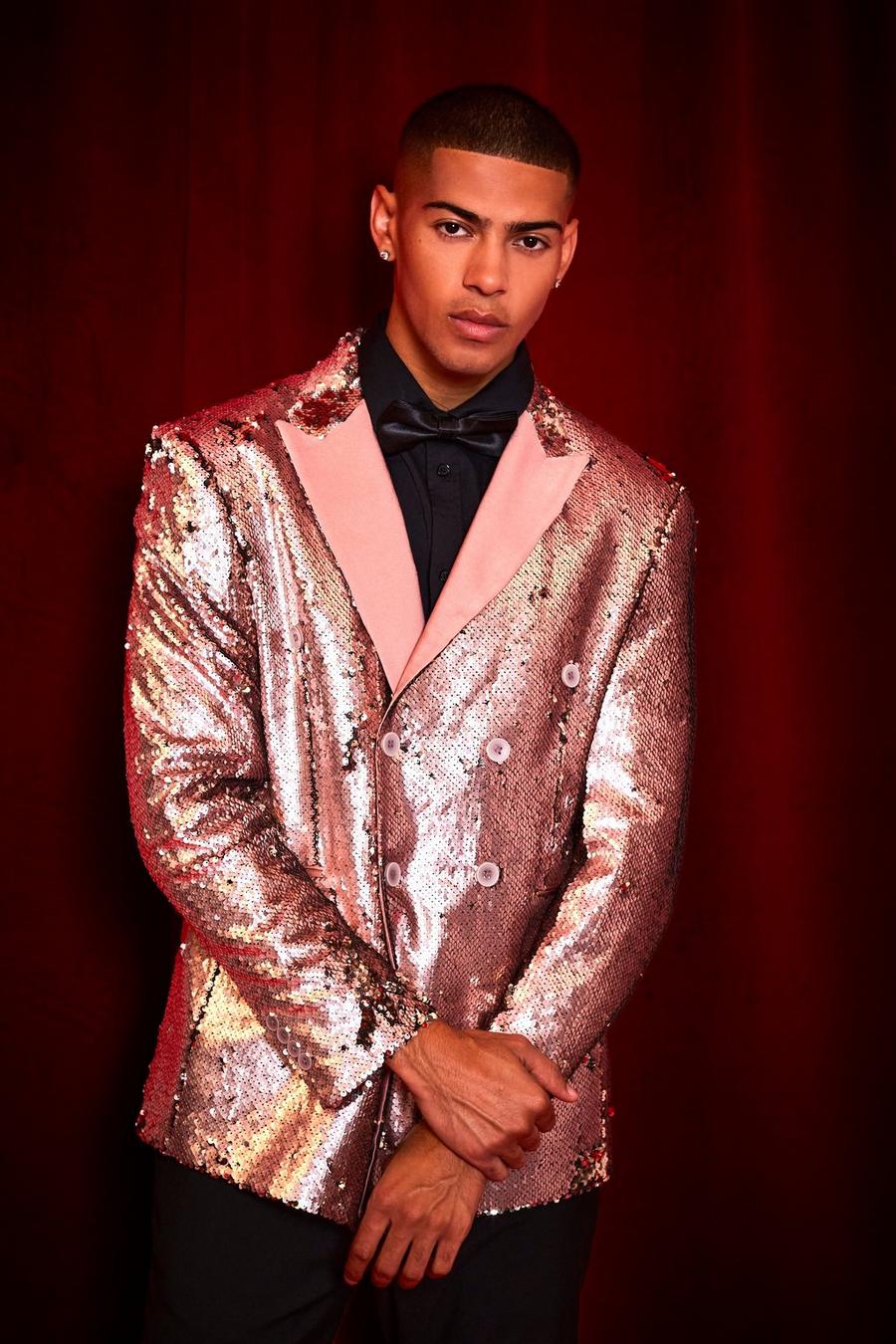 Pale pink Oversized Boxy Double Breasted Sequin Blazer image number 1