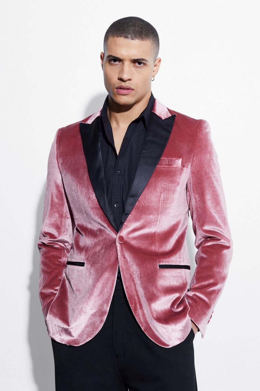 Skinny Velour-Blazer mit Satin-Revers, Light pink image number 1