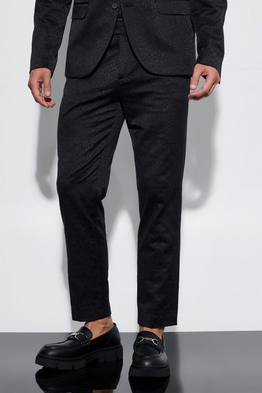Black Slim Snake Jacquard Crop Suit Trousers
