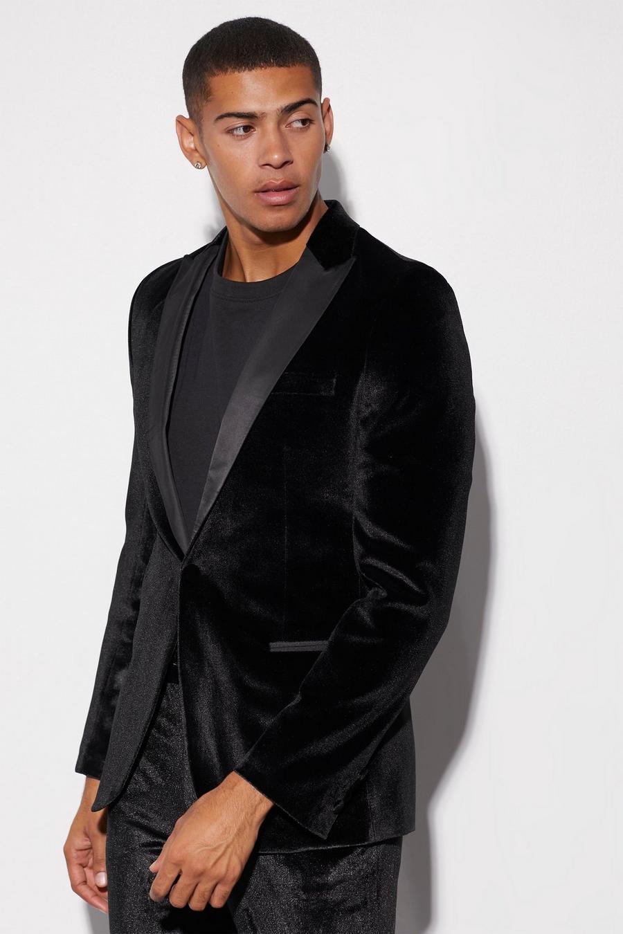 Black Relaxed Velour Satin Lapel Suit Jacket image number 1