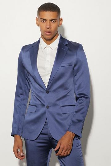 Blue Skinny Fit Satin Suit Jacket