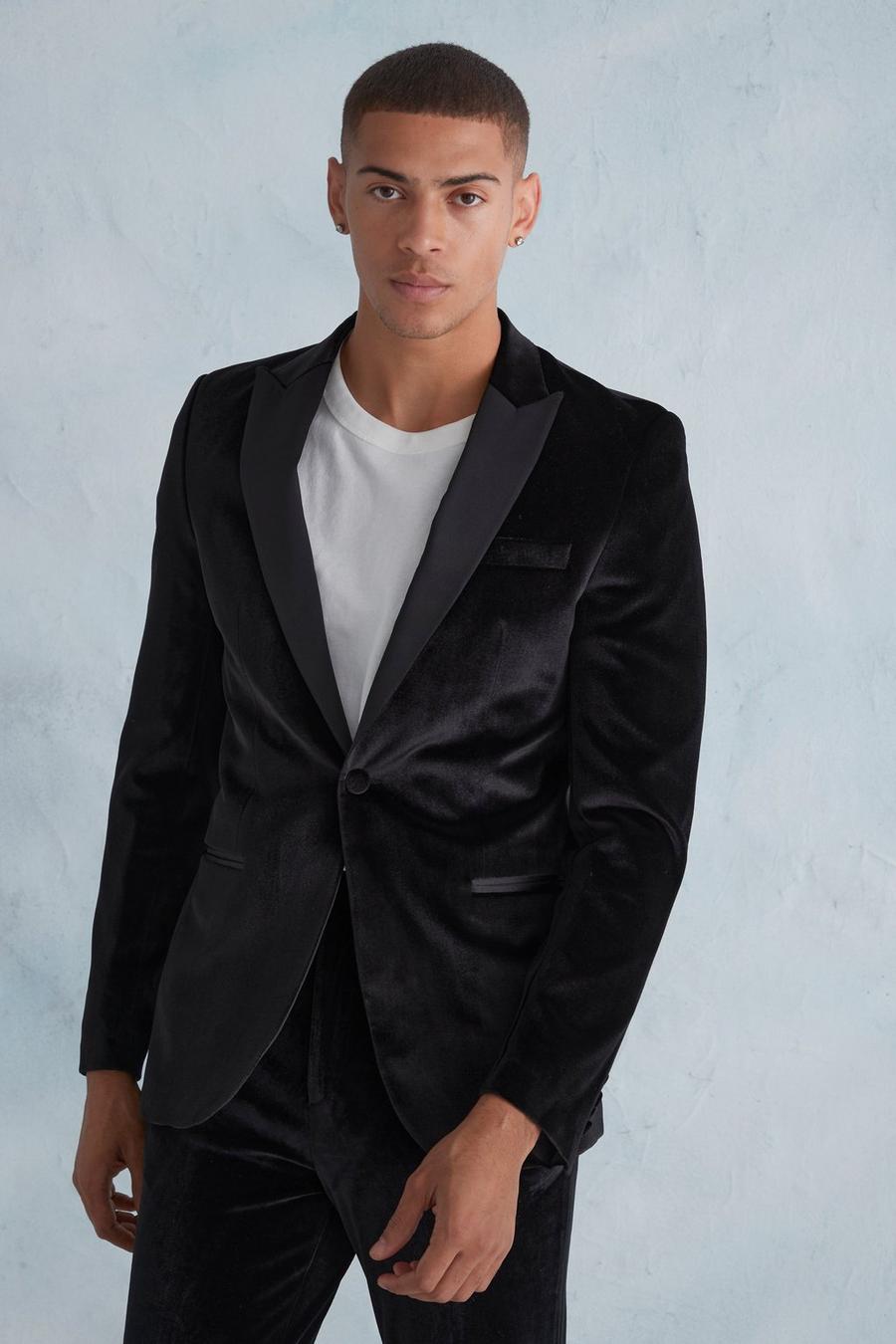 Black Skinny Velour Satin Lapel Suit Jacket image number 1
