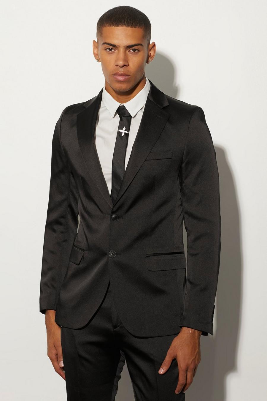 Black Skinny Fit Satin Suit Jacket image number 1