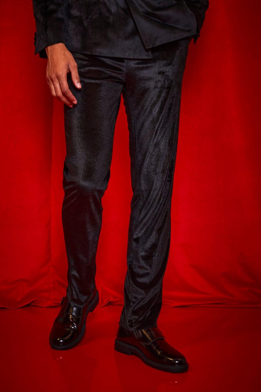שחור negro מכנסי חליפה מבד דמוי קטיפה בגזרה ישרה