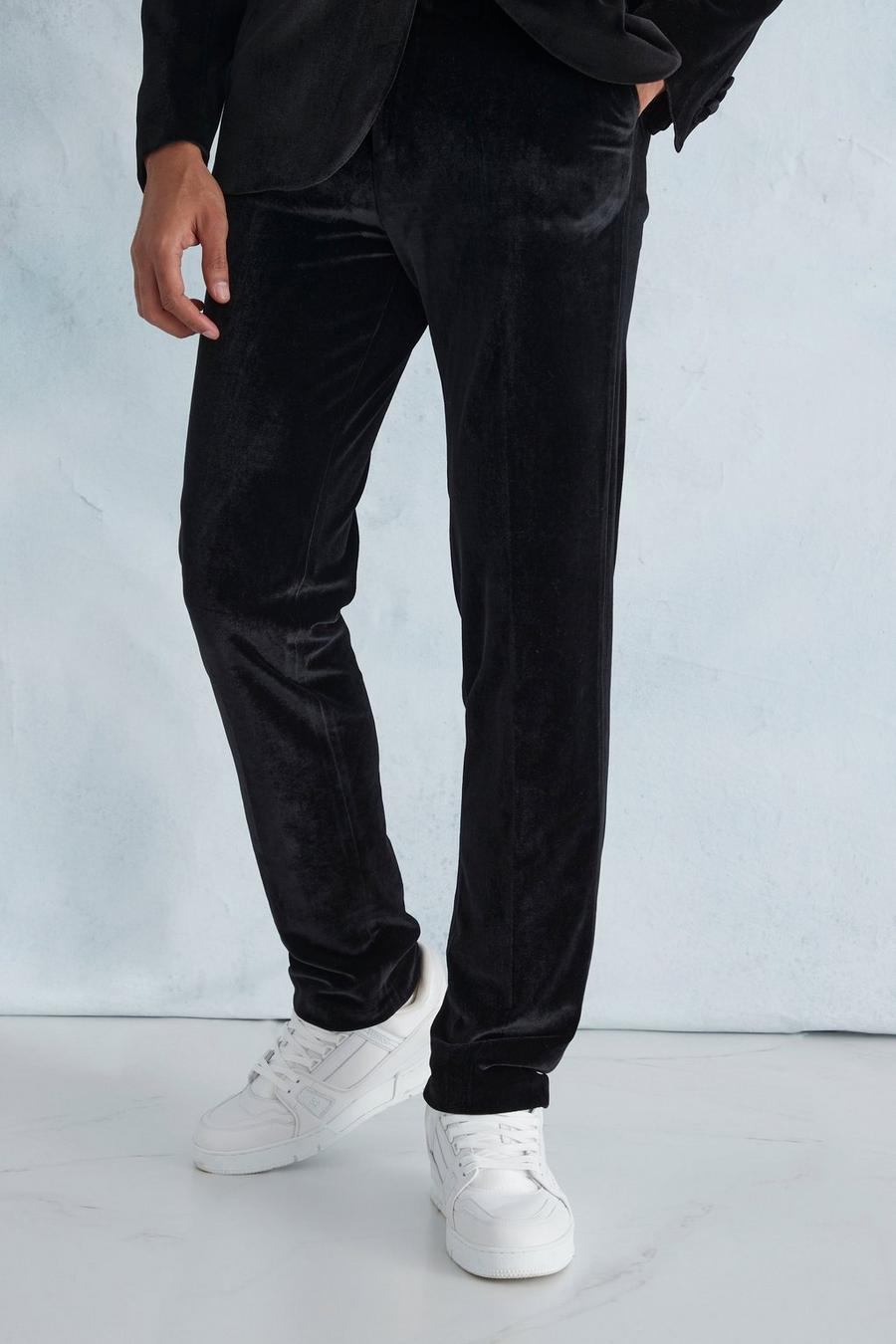 שחור מכנסי חליפה קרופ סקיני מבד דמוי קטיפה image number 1