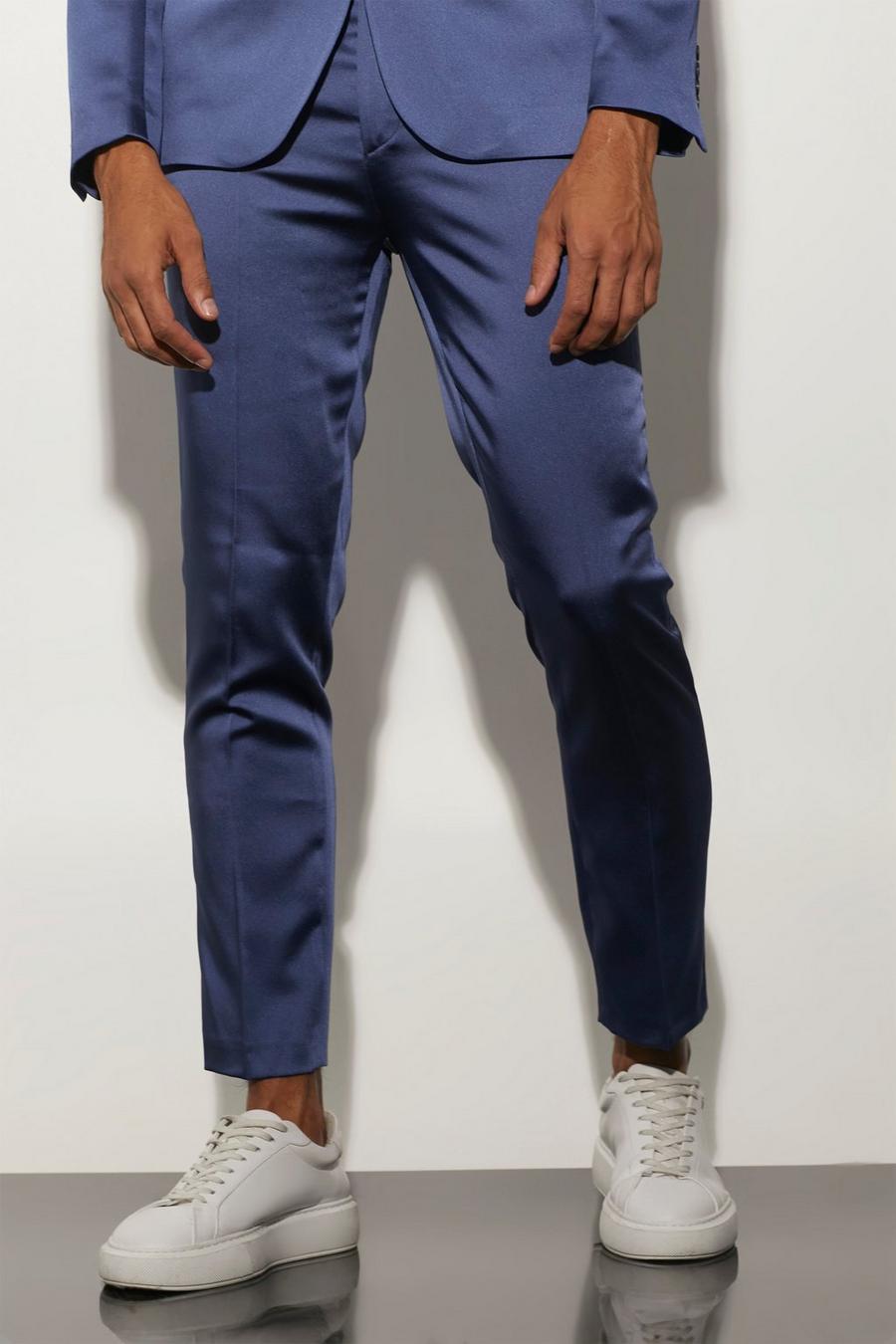 Marine blue Skinny Fit Satin Crop Suit Trousers image number 1