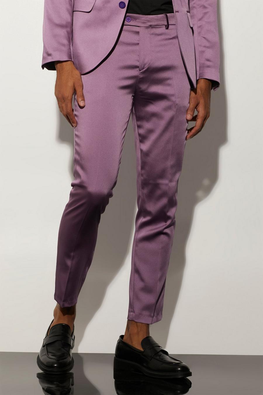 Lilac morado Skinny Fit Satin Crop Suit Trousers
