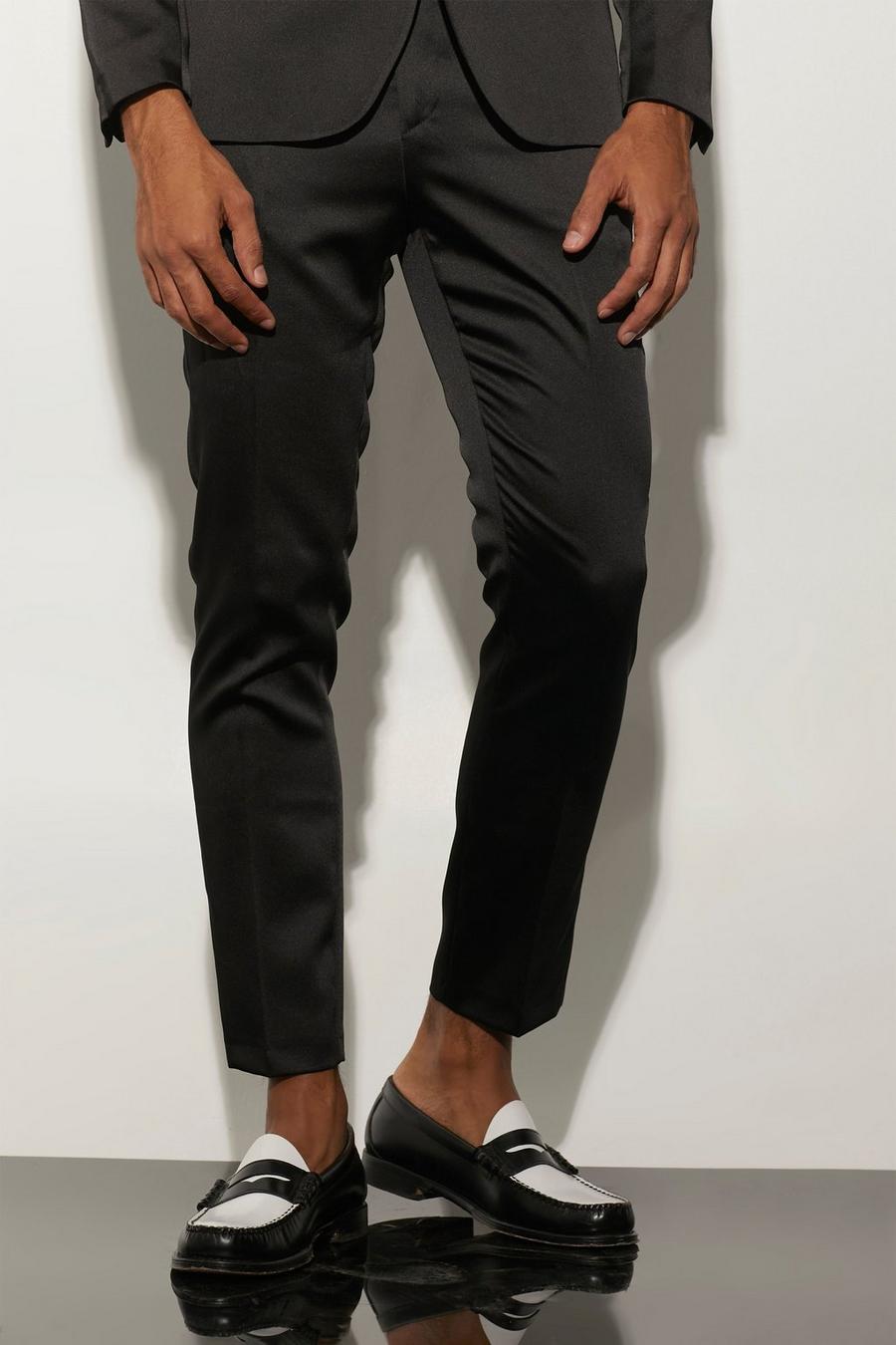 Black Skinny Fit Satin Crop Suit Trousers