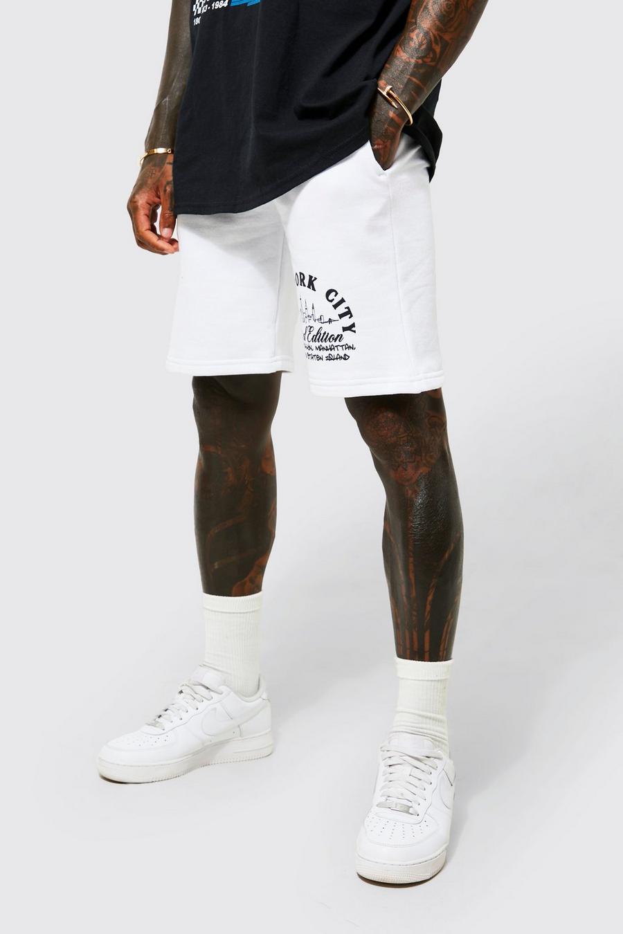 White Slim Fit Nyc Skyline Graphic Jersey Shorts
