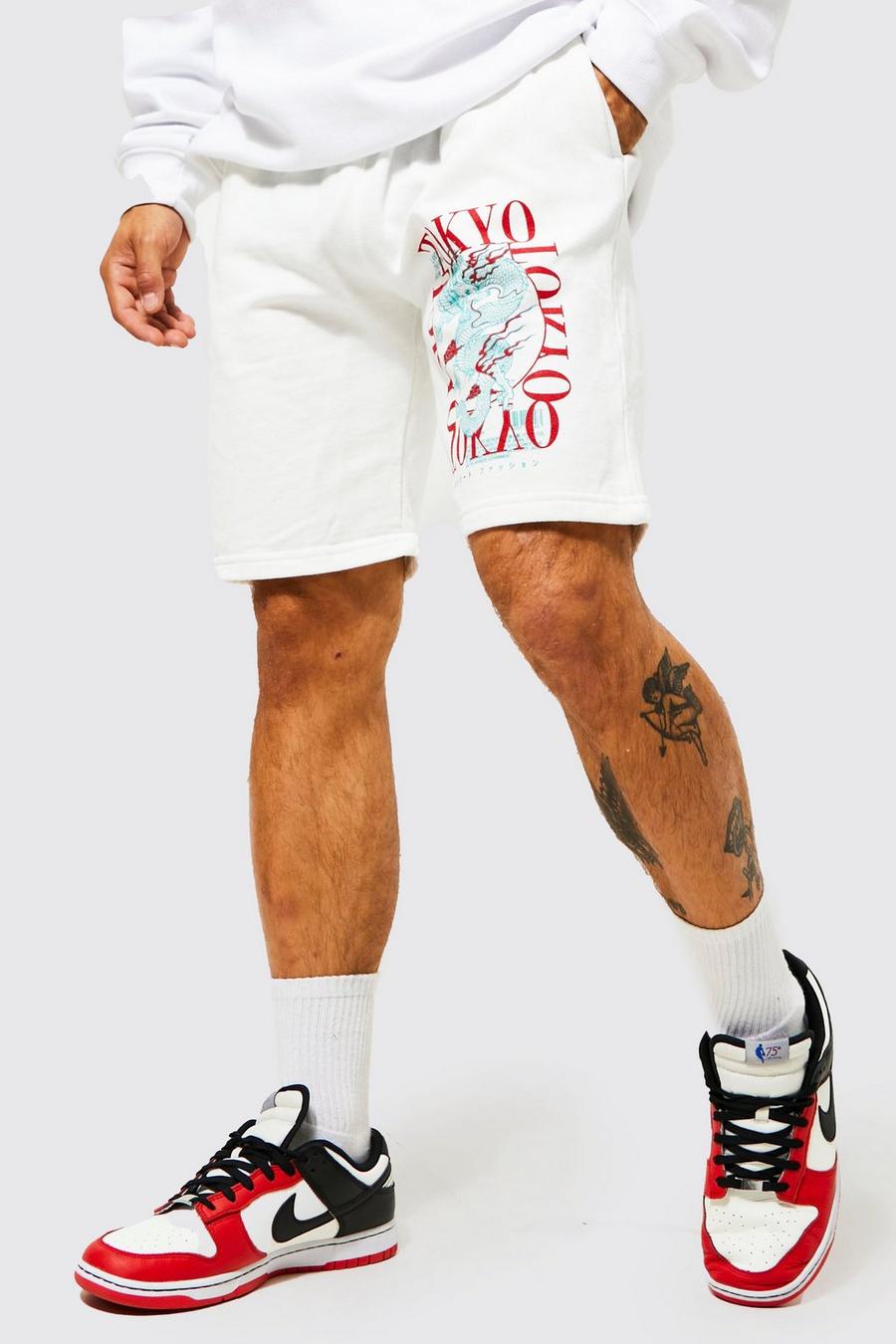 Pantaloncini Slim Fit in jersey con grafica Tokyo e drago, White image number 1