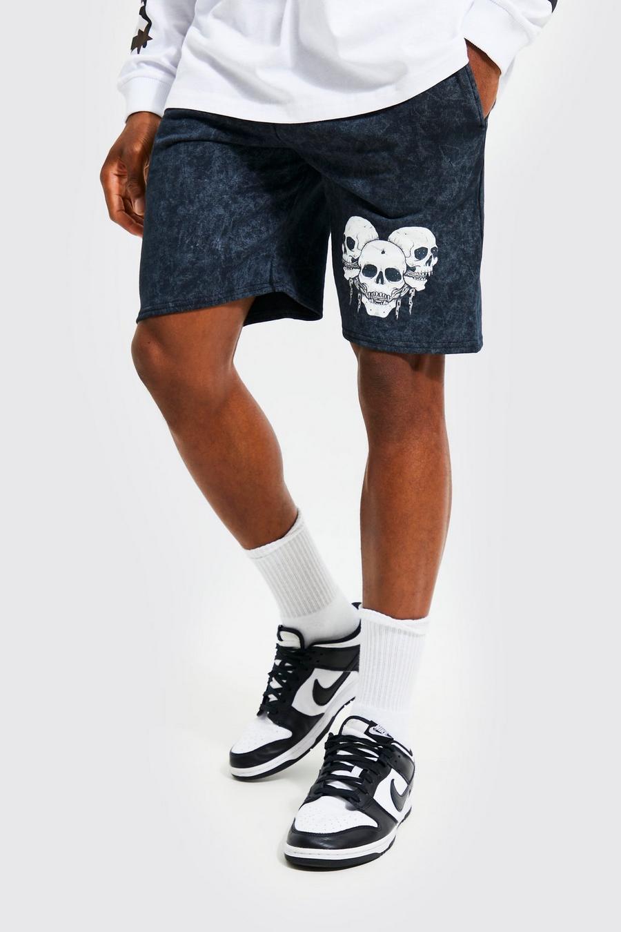 Charcoal Slim Fit Acid Wash Graphic Jersey Shorts image number 1