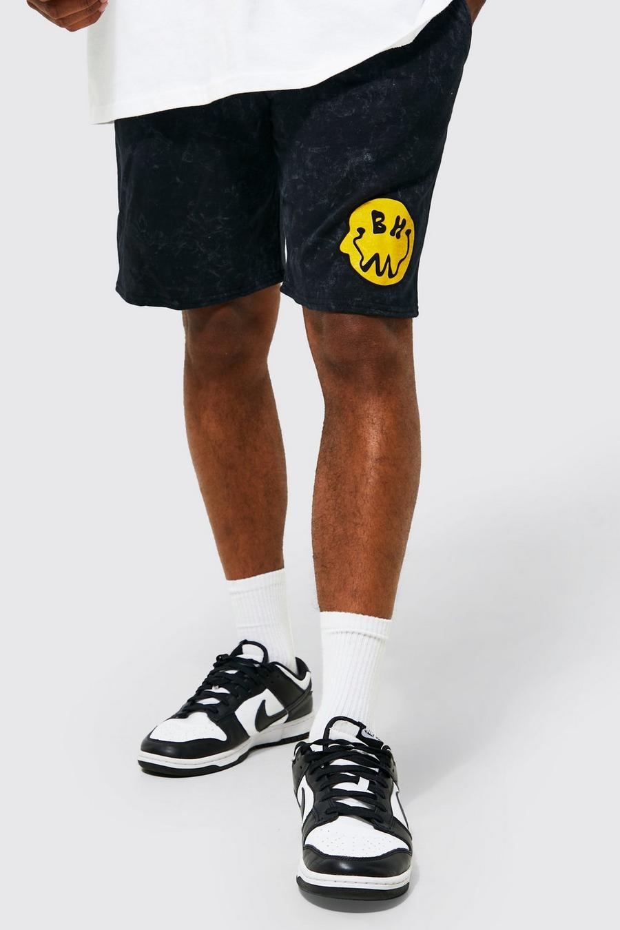 Black Slim Fit Acid Wash Graphic Jersey Shorts image number 1