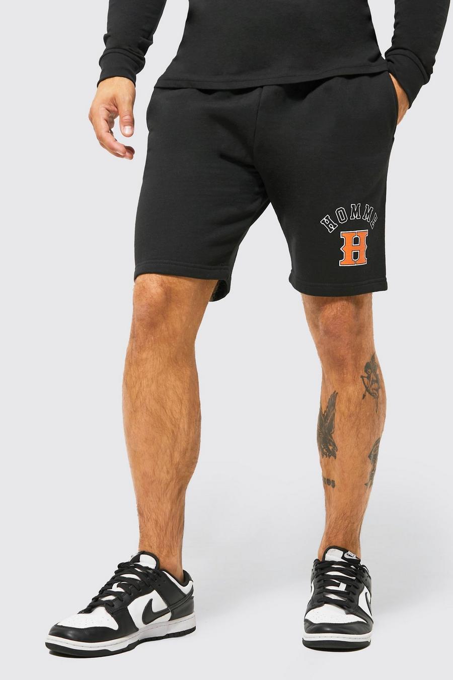 Black Slim Fit Varsity Homme Graphic Jersey Shorts image number 1