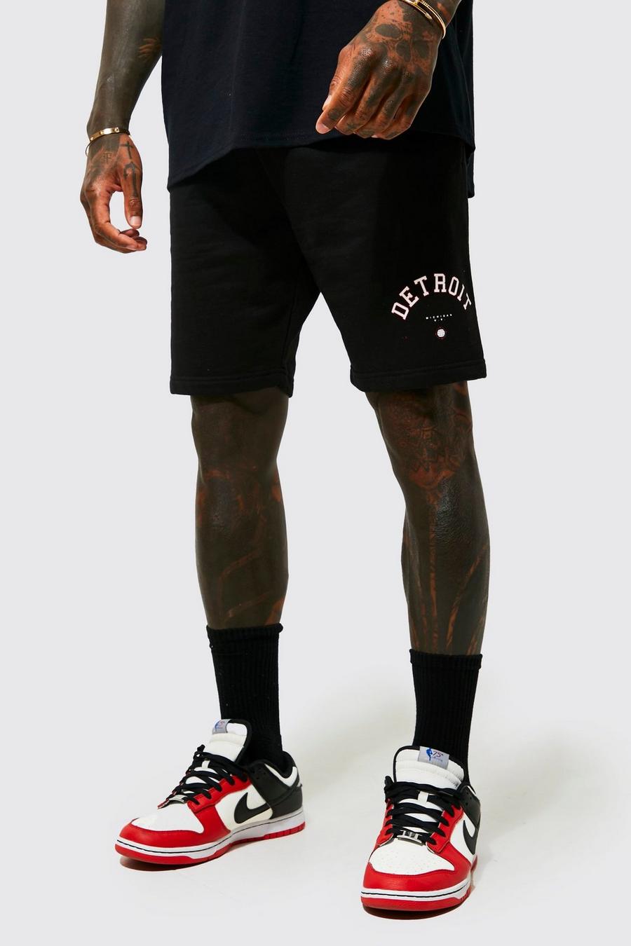 Black Slim Fit Jersey Varsity Shorts Met Print image number 1