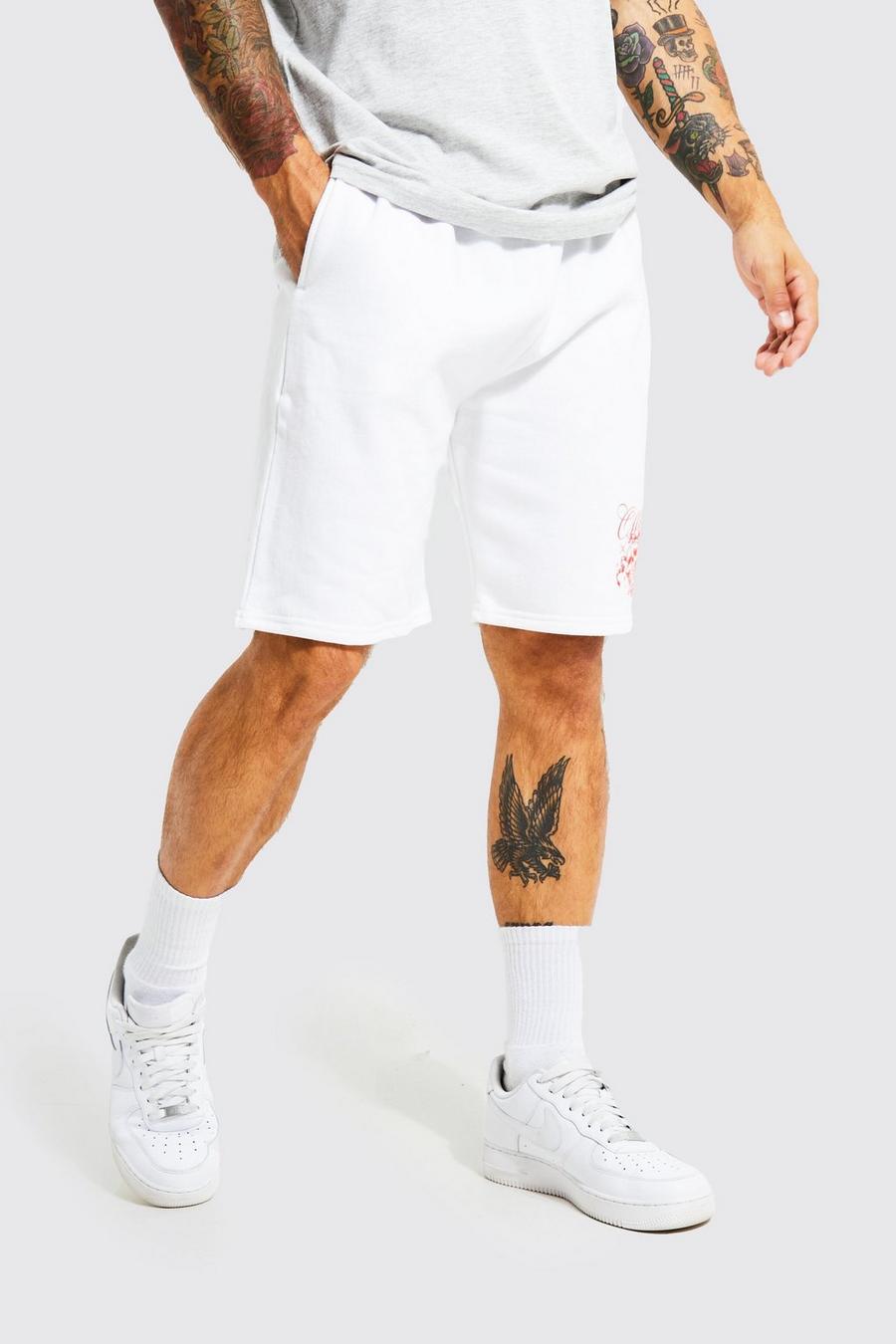 White Slim Fit Skull Graphic Jersey Shorts