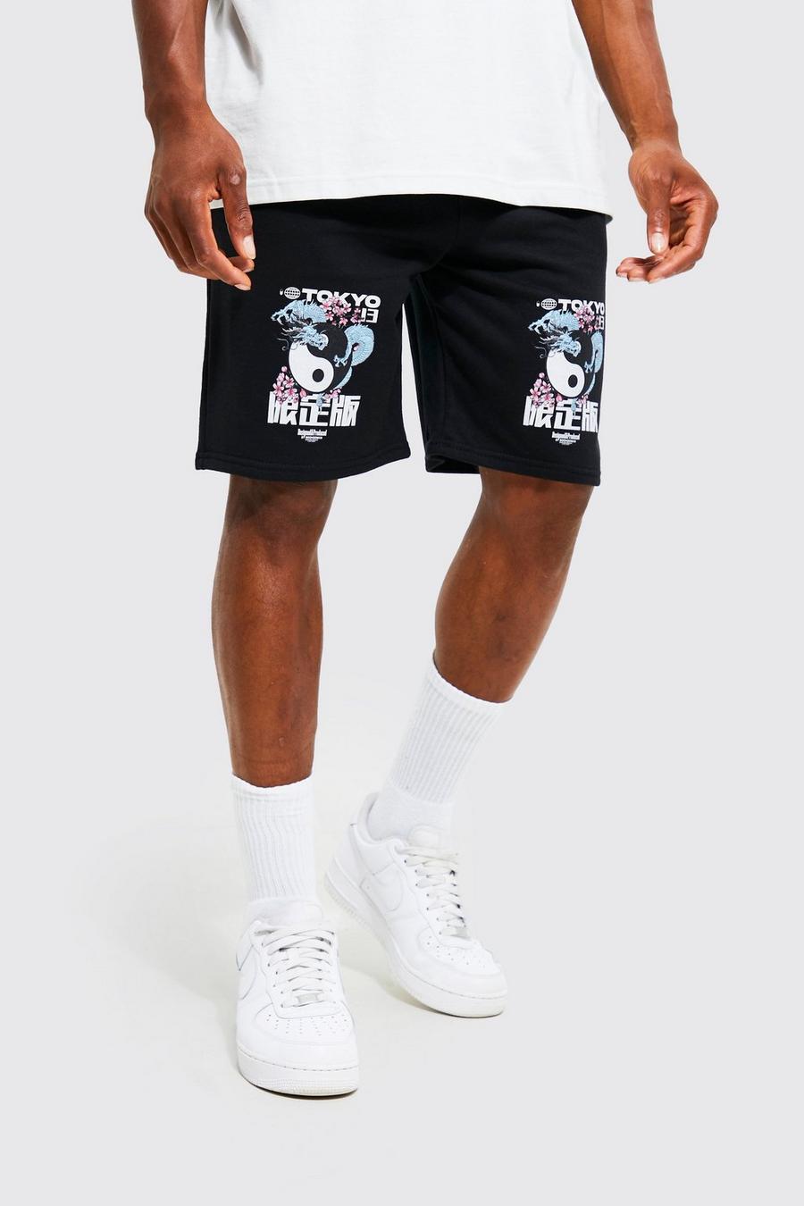 Black Slim Fit Tokyo Dragon Graphic Jersey Shorts image number 1