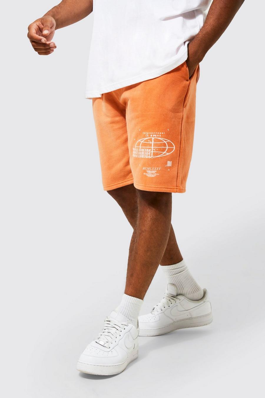 Orange Slim Fit Overdyed Graphic Jersey Shorts image number 1