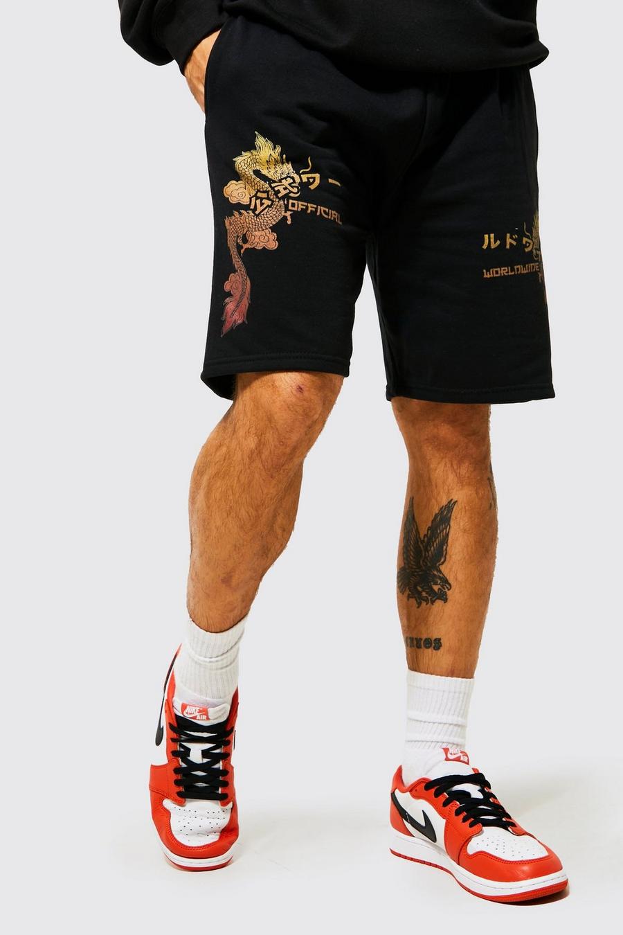 Black Slim Fit Dragon Graphic Jersey Shorts image number 1