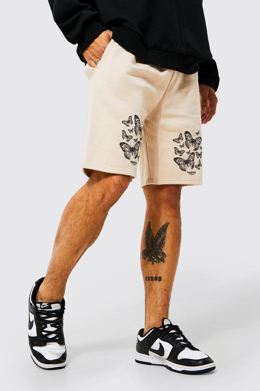 Sand Slim Fit Butterfly Graphic Jersey Shorts image number 1