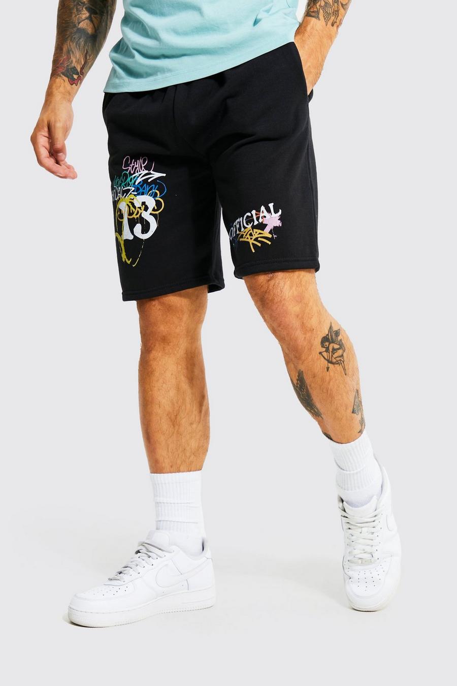 Pantalón corto holgado de tela jersey con estampado gráfico de grafiti, Black image number 1