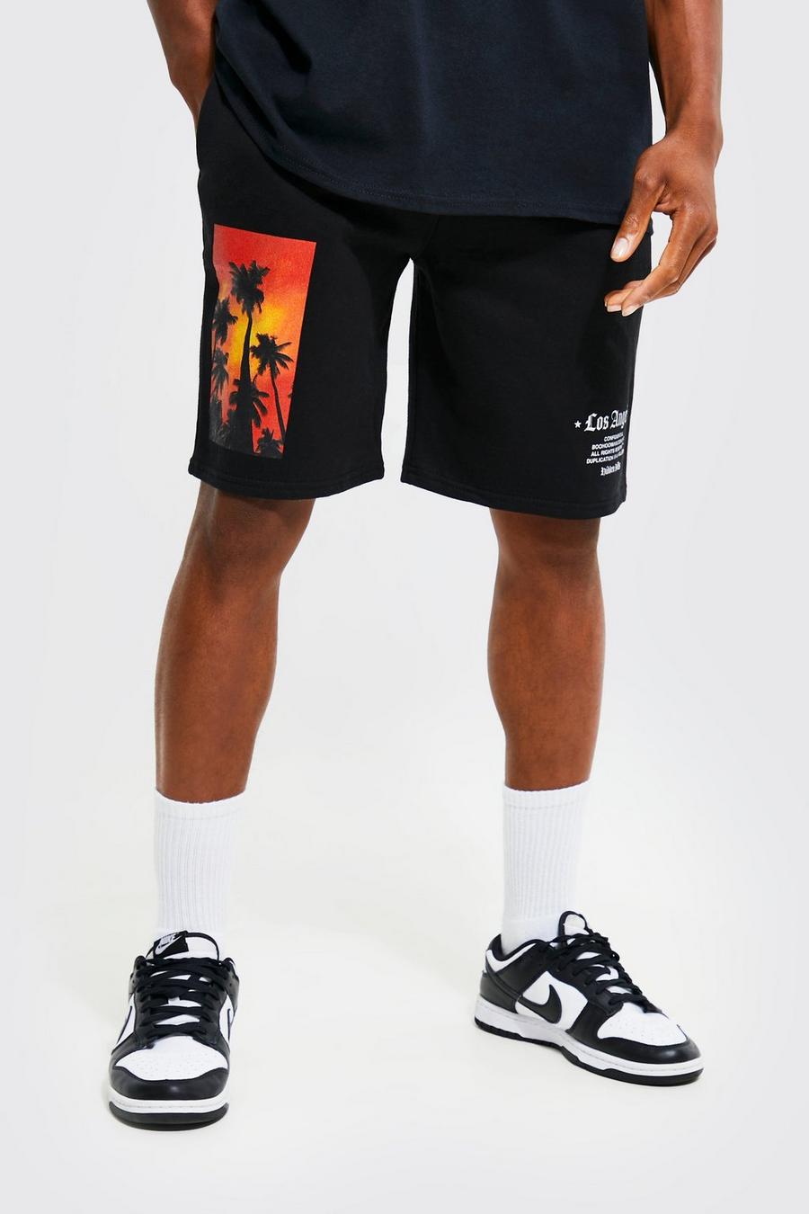 Black Slim Fit La Scenic Graphic Jersey Shorts