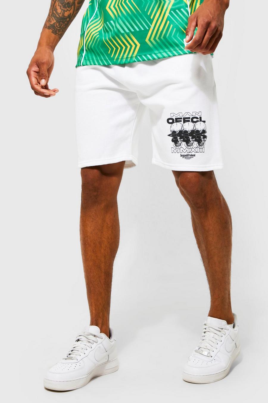 White Slim Fit Skull Graphic Jersey Shorts image number 1