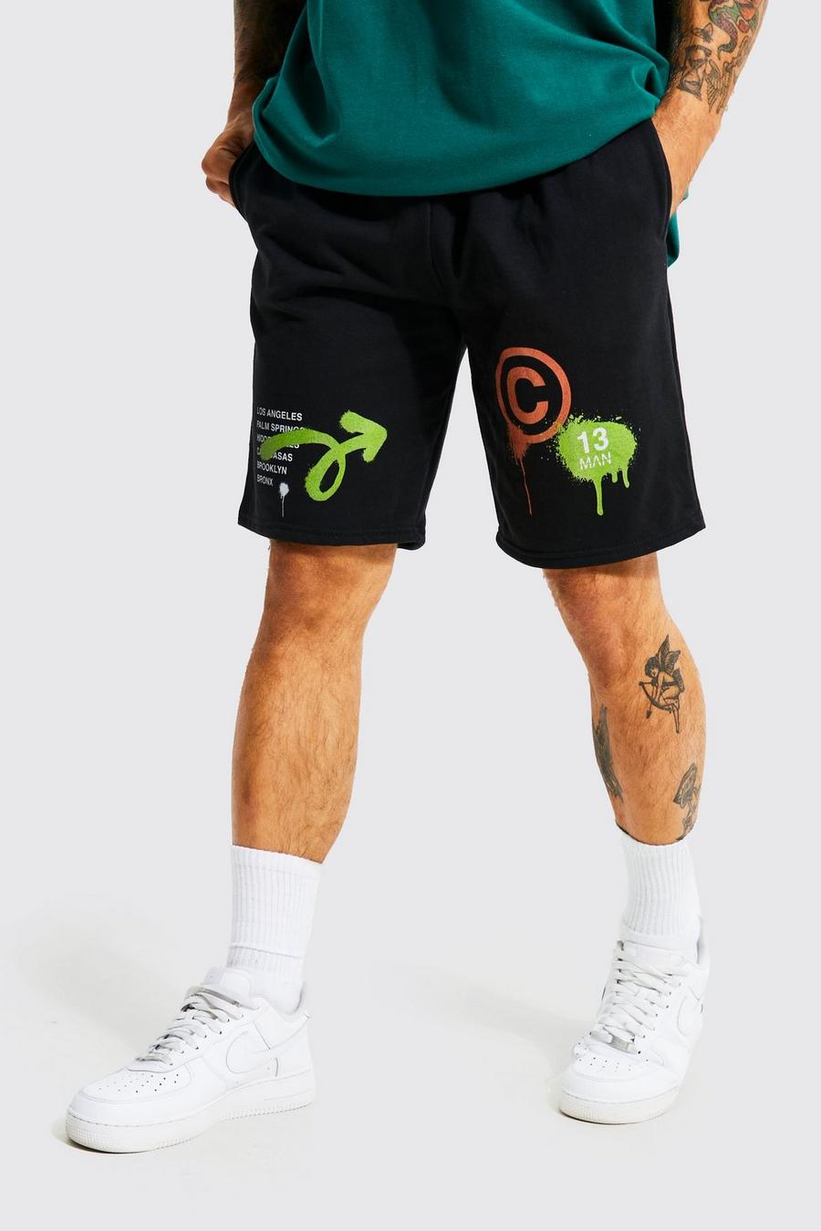 Pantaloncini Slim Fit in jersey con grafica stile Graffiti, Black image number 1