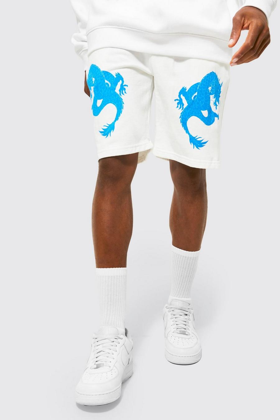 White Slim Fit Dragon Graphic Jersey Shorts