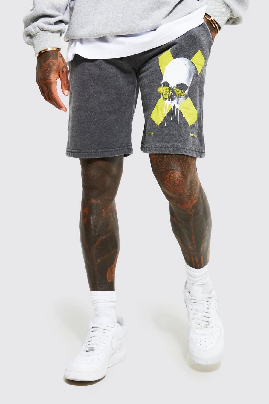 Charcoal grey Slim Fit Overdyed Graphic Jersey Shorts