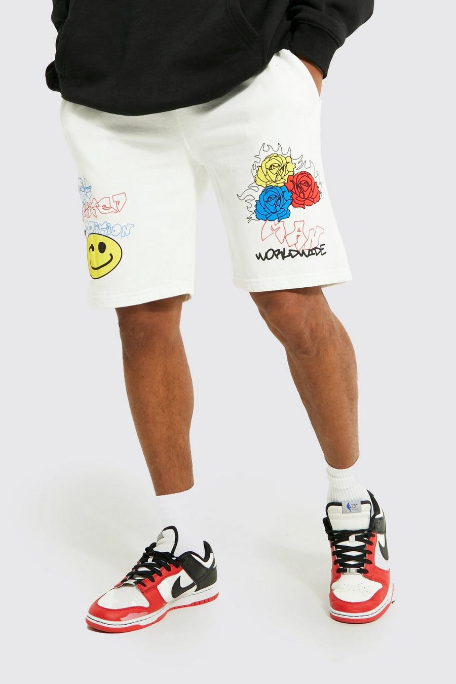 White Slim Fit Graffiti Graphic Jersey Shorts
