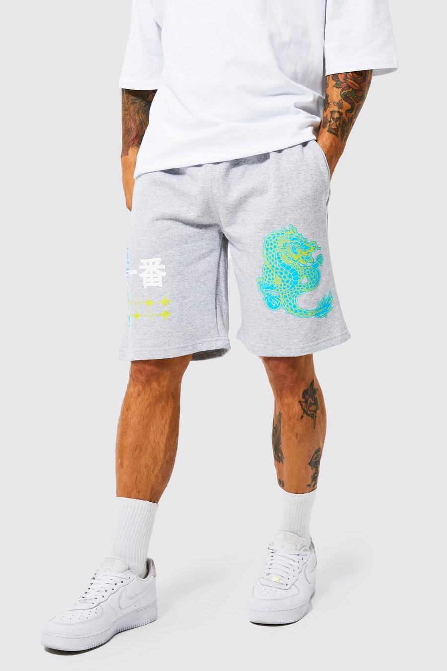 Grey marl gris Slim Fit Dragon Graphic Jersey Shorts