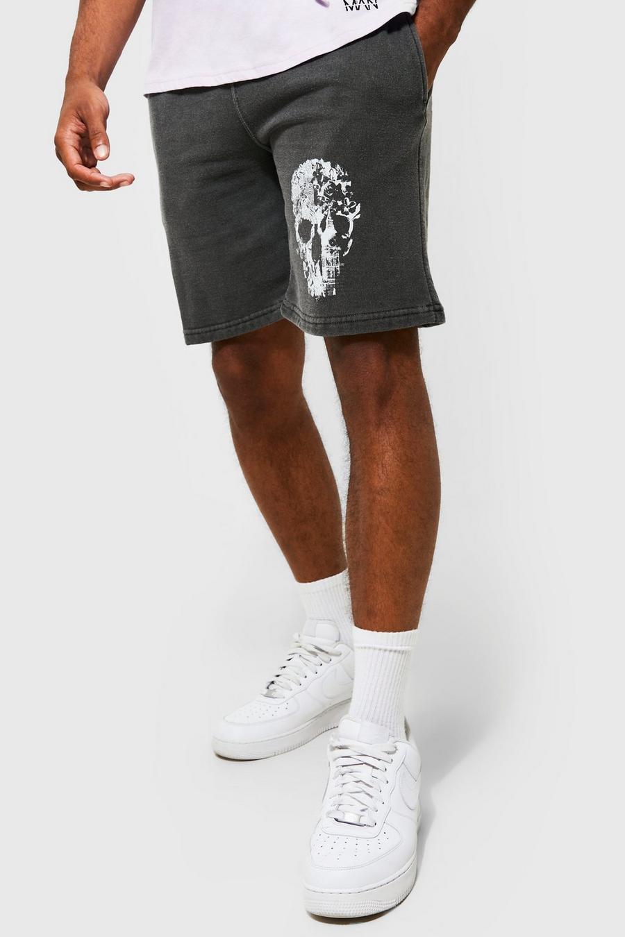 Charcoal grey Slim Fit Overdyed Graphic Jersey Shorts