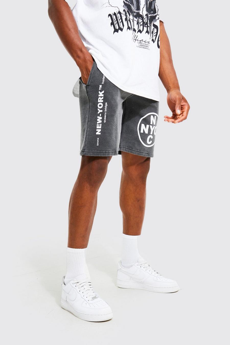 Charcoal grey Slim Fit Overdyed Nyc Graphic Jersey Shorts