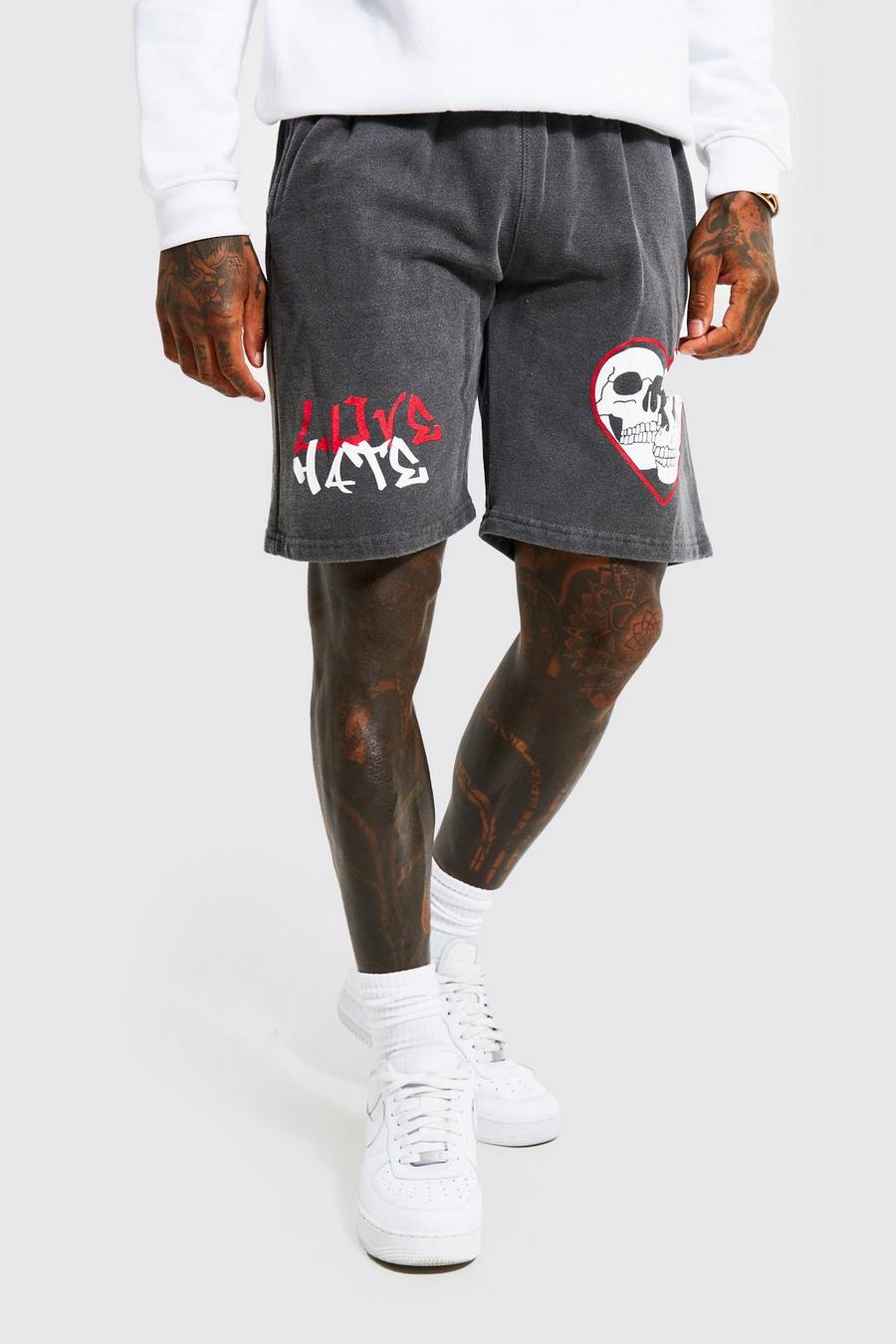 Charcoal gris Slim Fit Overdyed Graphic Jersey Shorts image number 1
