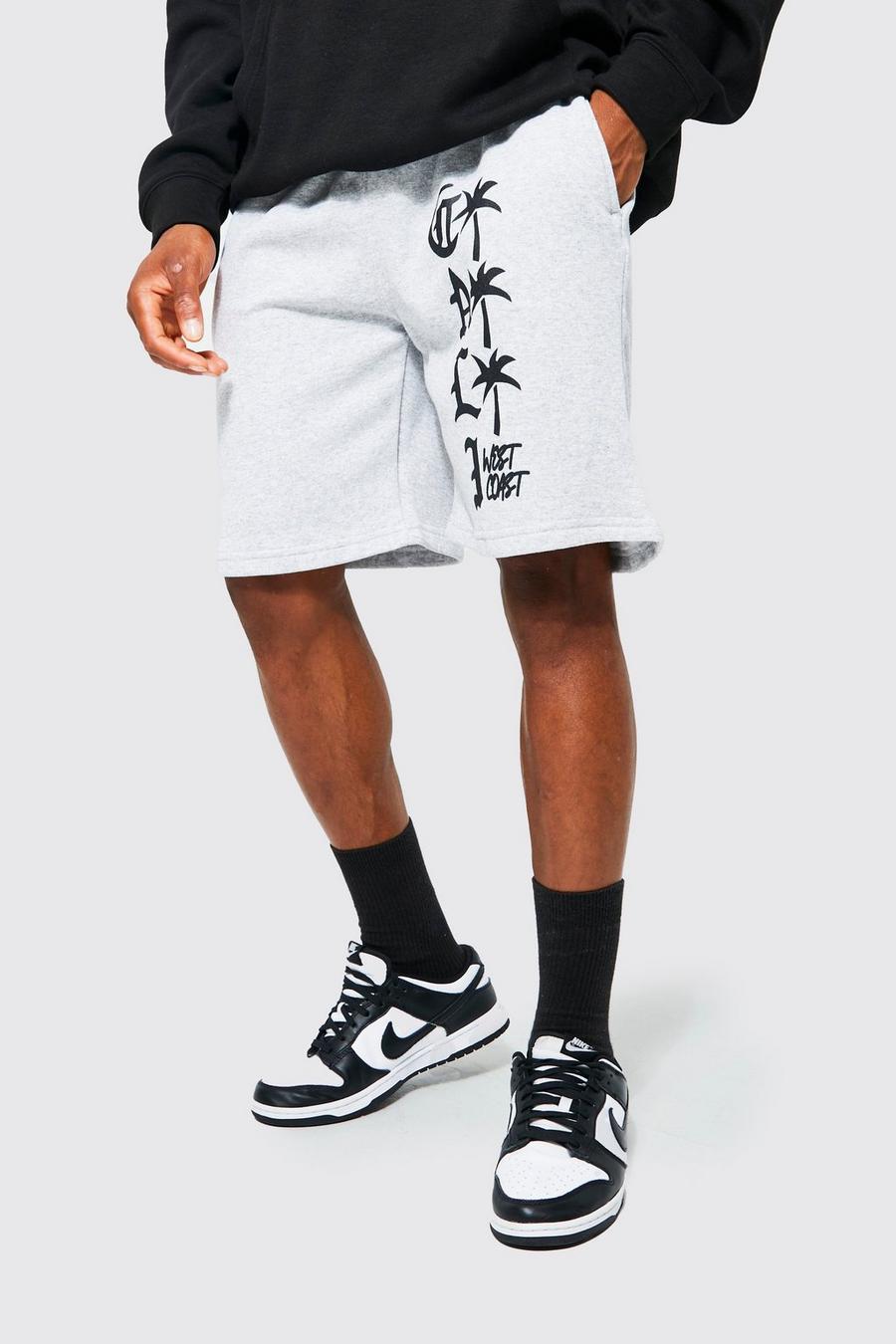 Grey marl Slim Fit Cali Palms Graphic Jersey Shorts image number 1