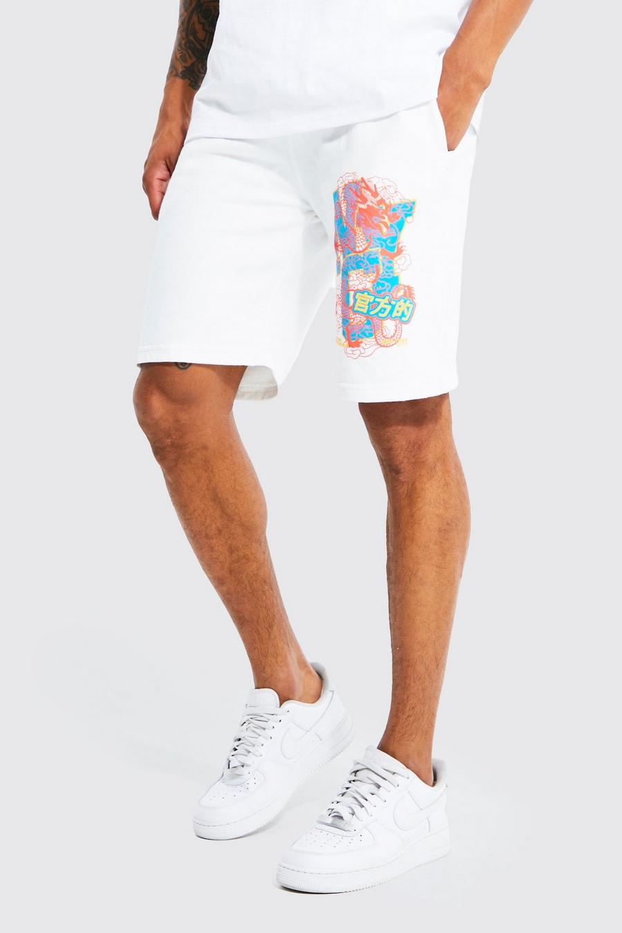 Pantalón corto ajustado de tela jersey con estampado gráfico de dragón NYC, White bianco