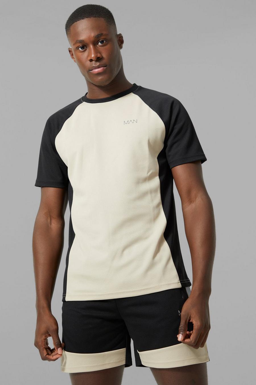 Man Active Kontrast Gym Raglan T-Shirt, Beige