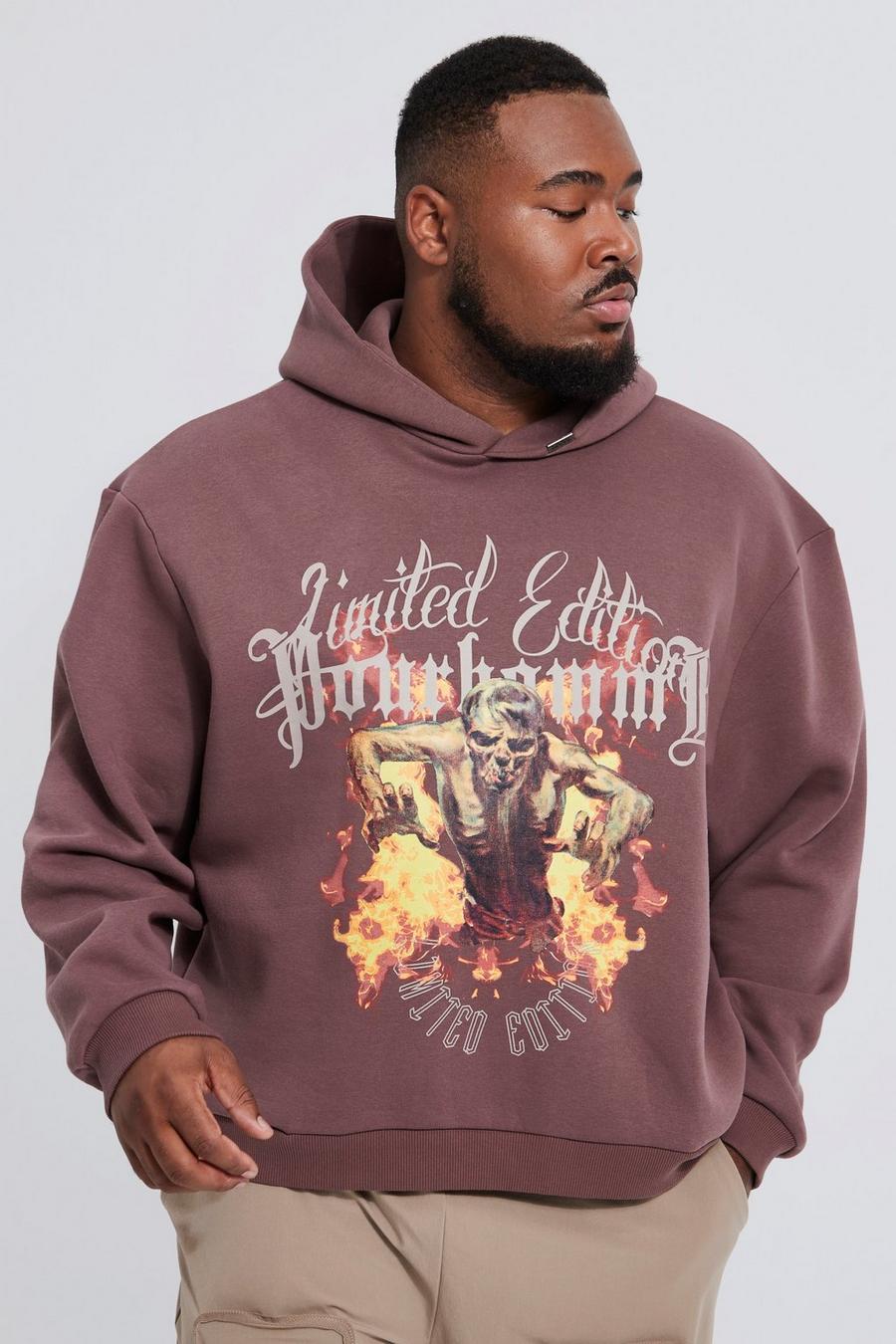 Brown Plus Oversized Boxy Zombie Graphic Hoodie image number 1