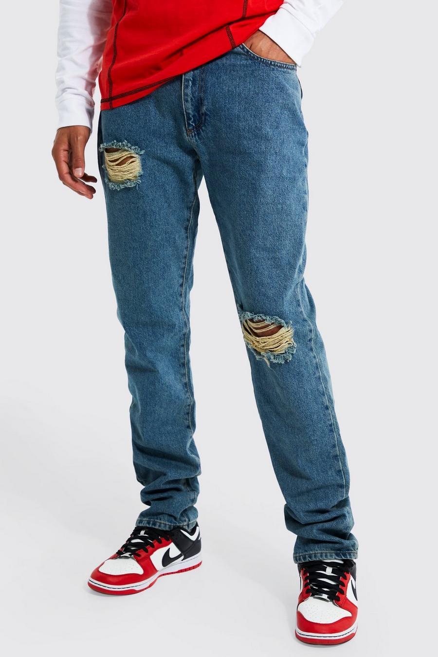 Jeans dritti Tall in denim rigido effetto smagliato, Vintage blue azzurro
