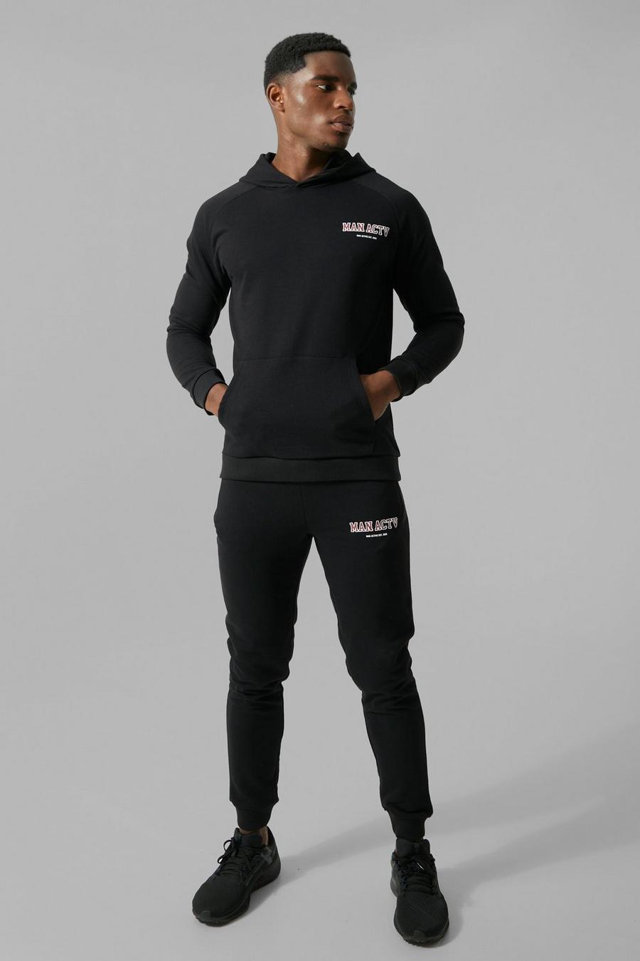 שחור חליפת טרנינג קפוצ'ון ספורטיבית לחדר הכושר עם כיתוב Man Active image number 1