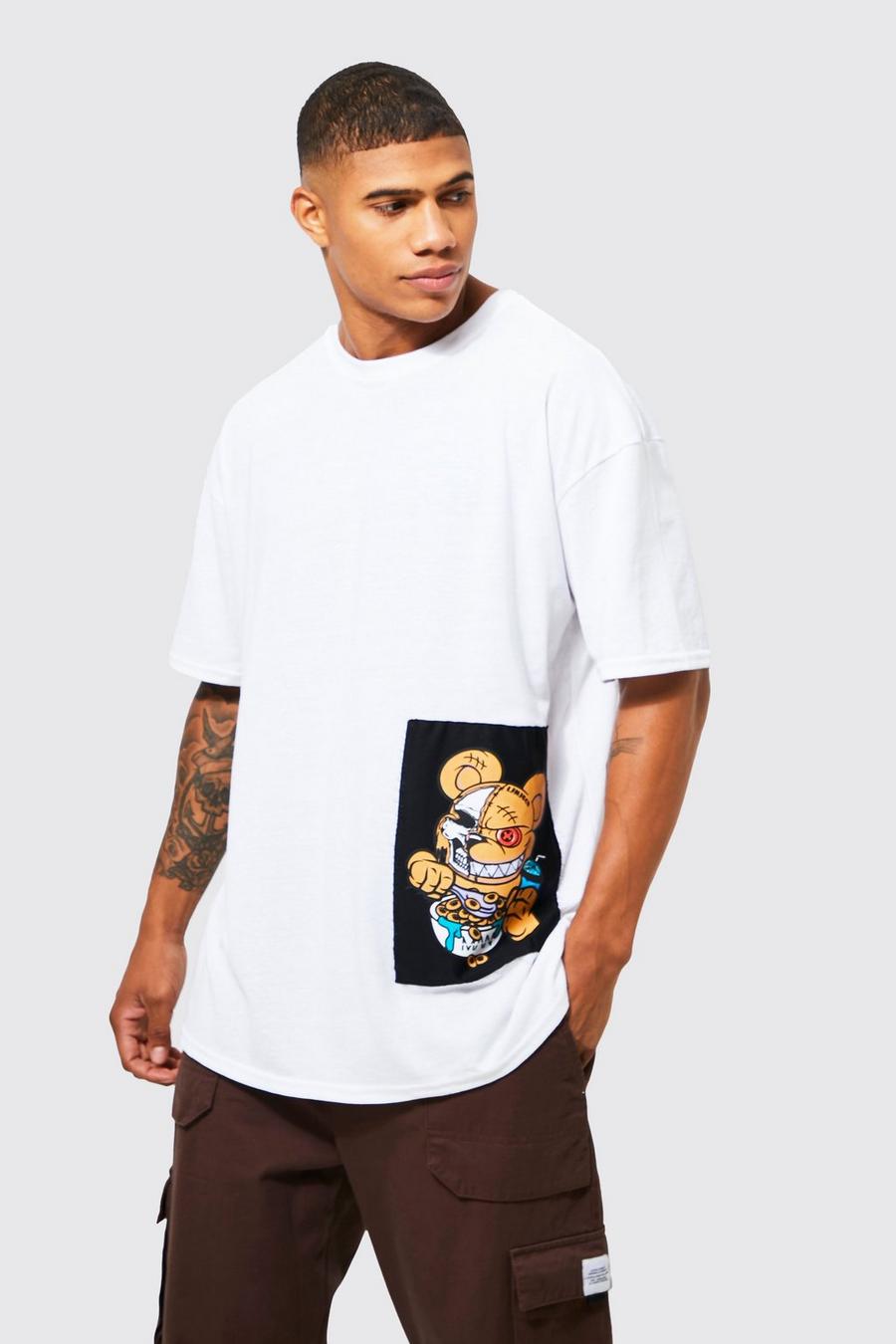 White Oversized Patch Skull Teddy Graphic T-shirt image number 1