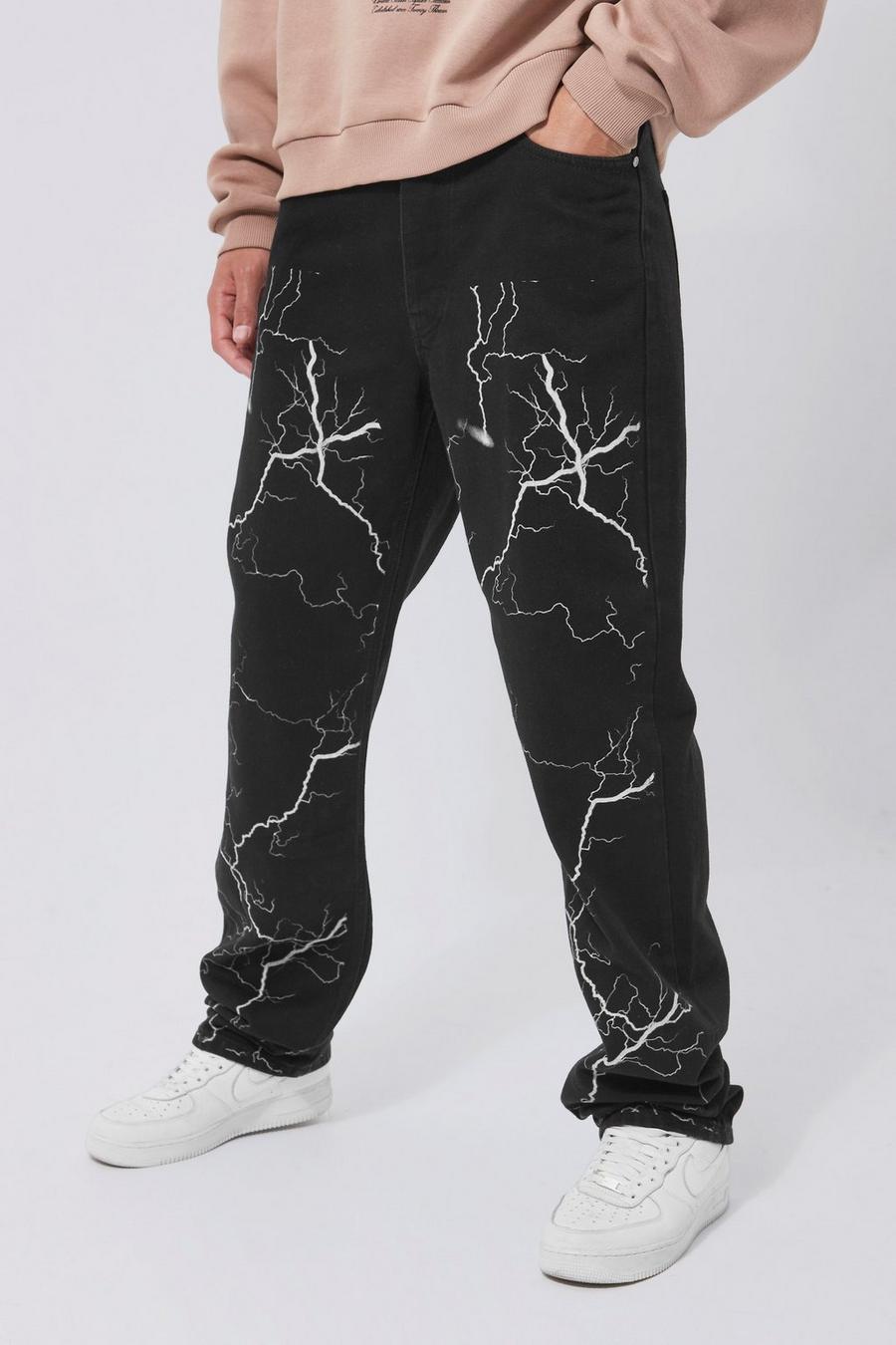 Washed black Tall Relaxed Fit Lightning Print Rigid Jean