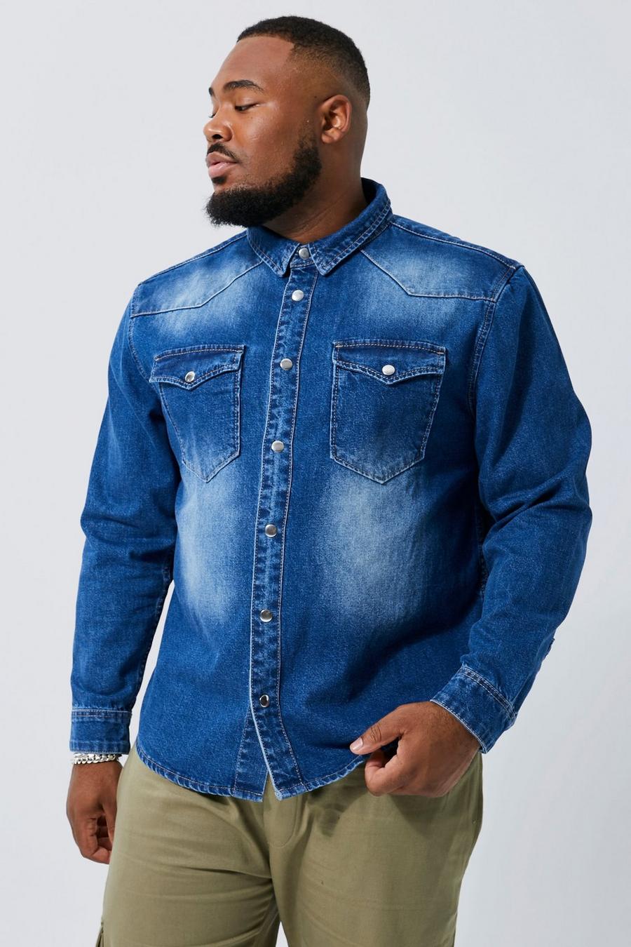 כחול ביניים חולצה בסגנון בוקרים מבד ג'ינס, מידות גדולות image number 1