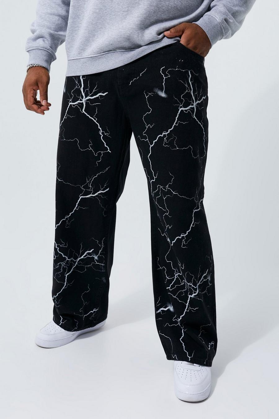 Washed black Plus Relaxed Fit Lightning Print Rigid Jean image number 1