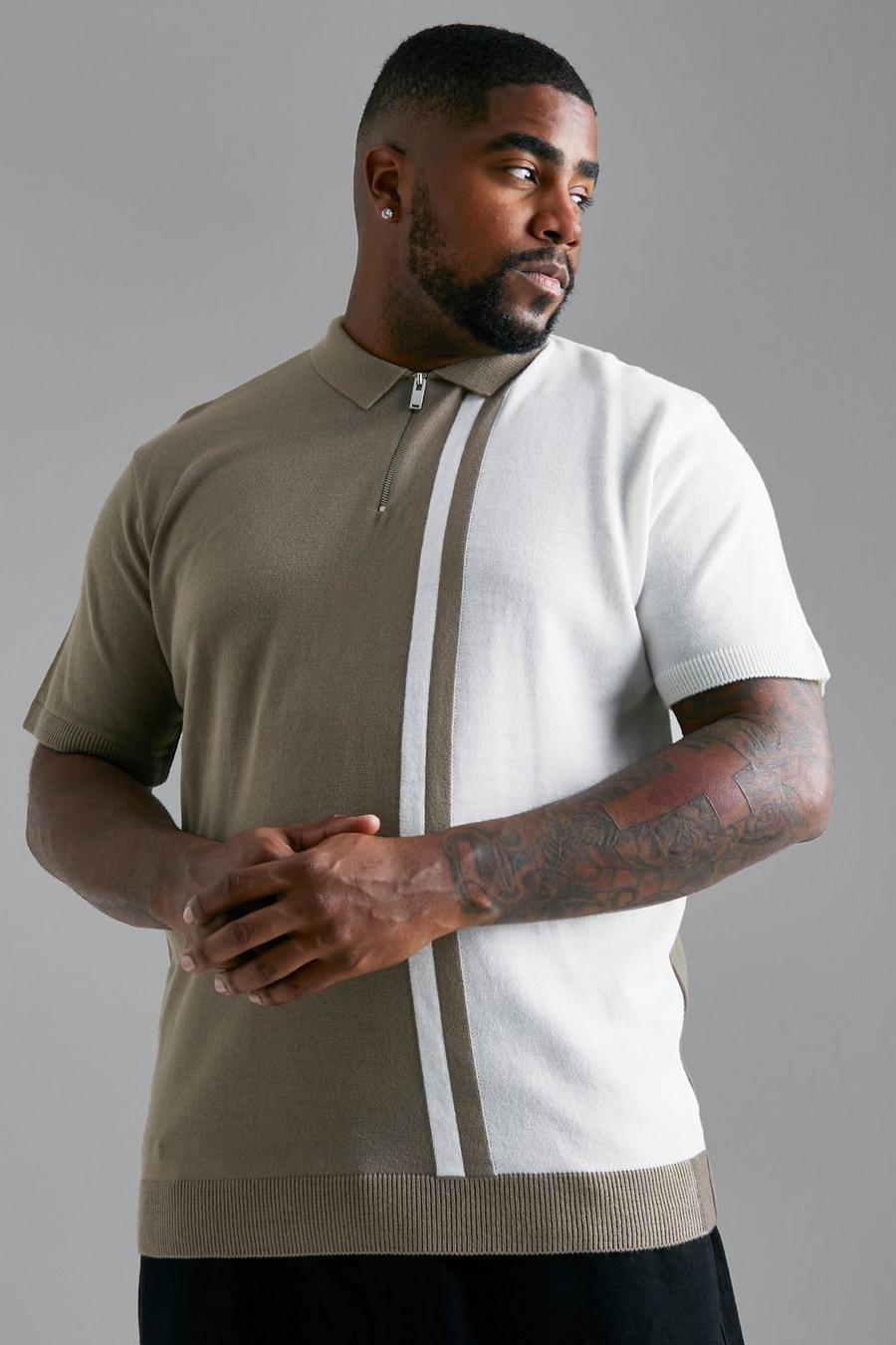 Taupe Plus Short Sleeve Colour Block Knitted Polo image number 1