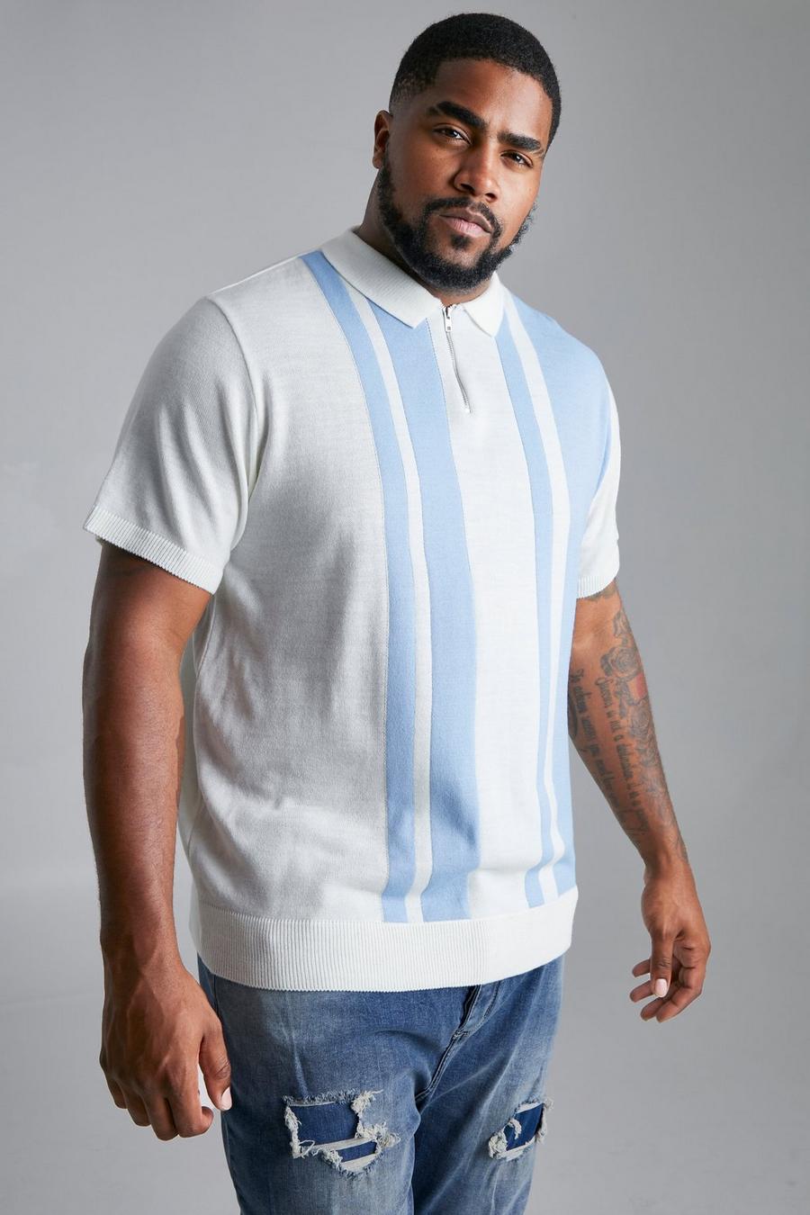 Pale blue Plus Short Sleeve Striped Knitted Polo image number 1