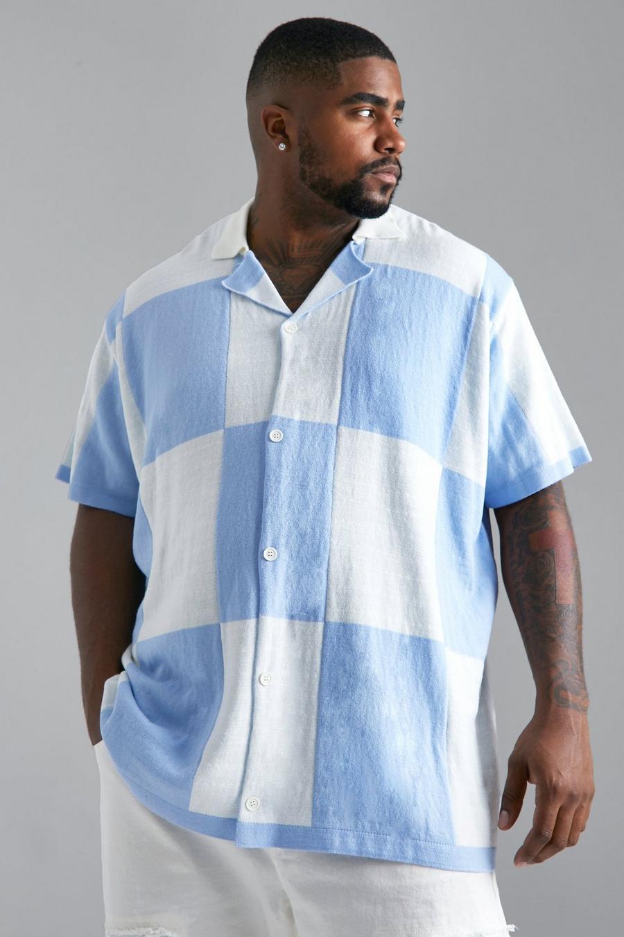 Pale blue blå Plus Checkerboard Short Sleeve Knitted Shirt