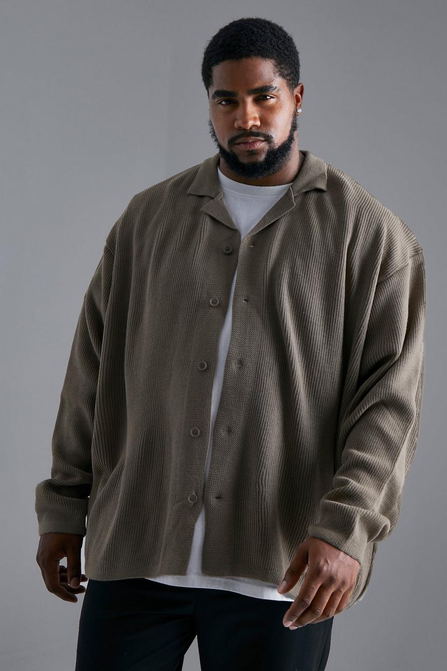 Taupe Plus Long Sleeve Knitted Ribbed Revere Shirt image number 1