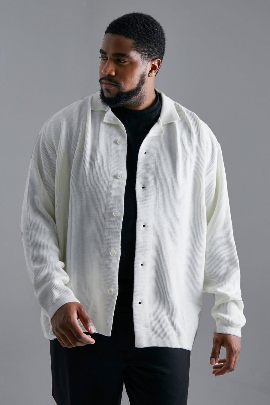 Ecru white Plus Long Sleeve Knitted Ribbed Revere Shirt